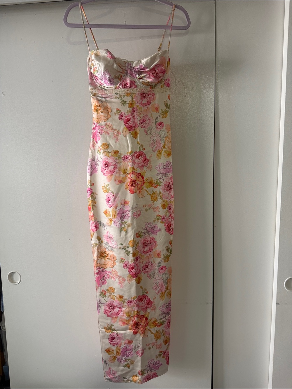 House of CB Cream Floral Satin Slip Dress with Pink & Yellow Roses